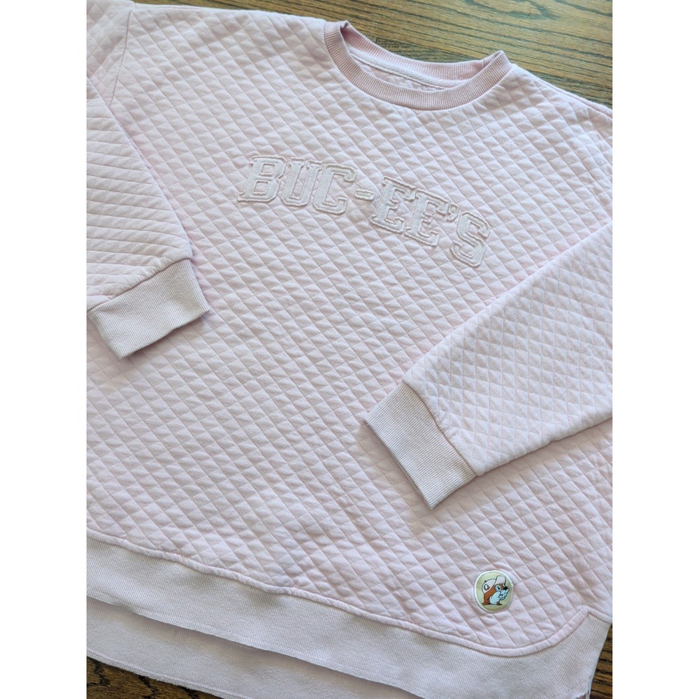 Buc-ees Pink Quilted Textured Pullover Sweatshirt Women's L Oversized Split Hem